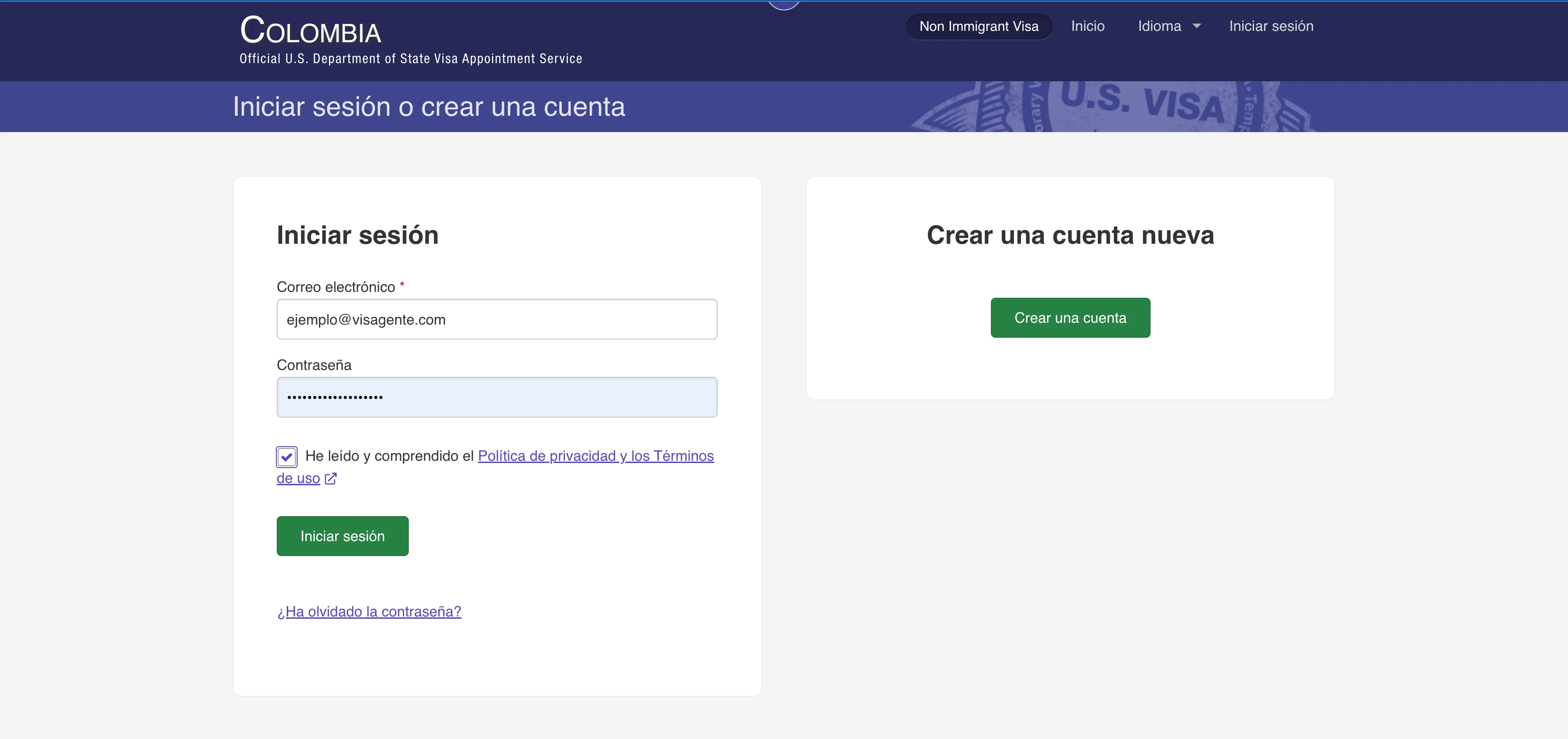 Pantalla de login en usvisa-info.com