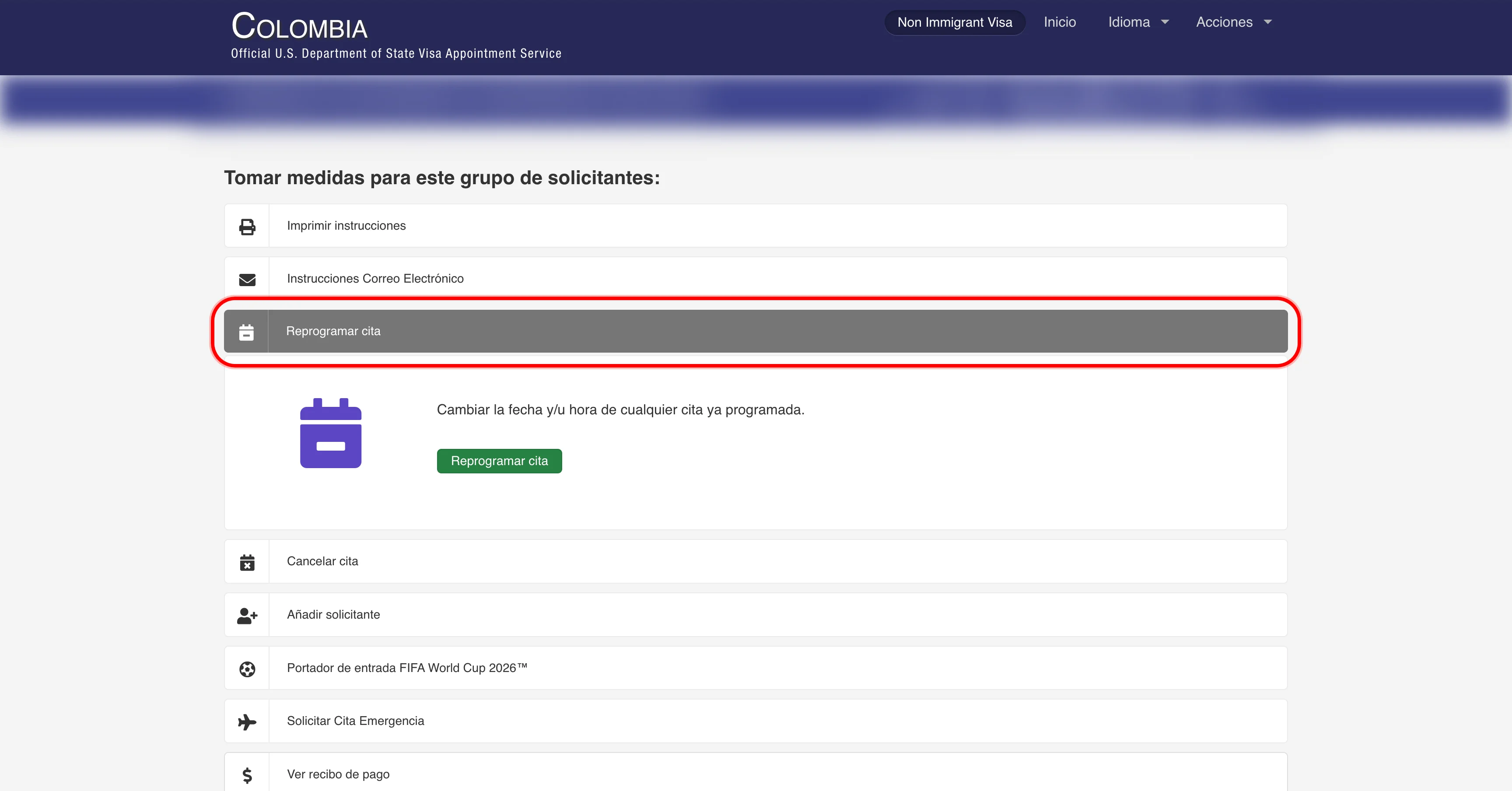 Menú de acciones con Reprogramar Cita resaltado
